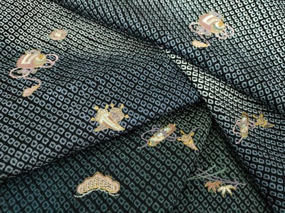 平和屋着物●訪問着 総絞り 刺繍 宝尽くし花文 暈し染め 黒地 金糸 正絹 逸品 未使用 DAAS3115ps