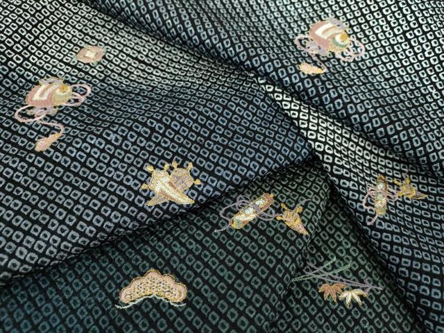 平和屋着物●訪問着 総絞り 刺繍 宝尽くし花文 暈し染め 黒地 金糸 正絹 逸品 未使用 DAAS3115ps