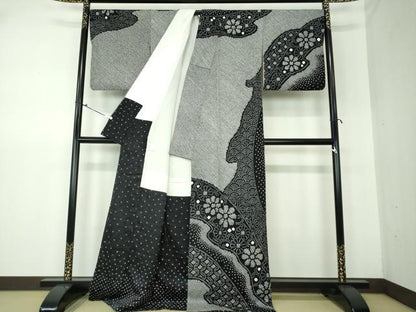 平和屋着物●訪問着 総絞り 吉祥花文 黒地 正絹 逸品 DAAS3157ps
