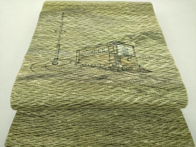 平和屋着物▽太鼓柄袋帯 作家物 スリーシーズン帯 春 夏 秋 櫛織り 手描き 路面電車 正絹 逸品 未使用 DAAS3179ps