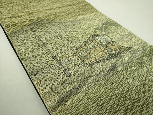 平和屋着物▽太鼓柄袋帯 作家物 スリーシーズン帯 春 夏 秋 櫛織り 手描き 路面電車 正絹 逸品 未使用 DAAS3179ps