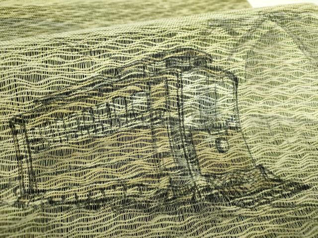 平和屋着物▽太鼓柄袋帯 作家物 スリーシーズン帯 春 夏 秋 櫛織り 手描き 路面電車 正絹 逸品 未使用 DAAS3179ps