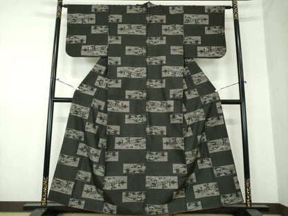 平和屋着物●本場大島紬　9マルキ　横段風景花文　正絹　逸品　DAAS3347ps