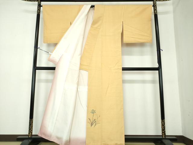 平和屋着物●西陣 宮階織物 宮繍苑 里葉 紬 ワンポイント 草花文 浅黄色 正絹 逸品 DAAS3468ps