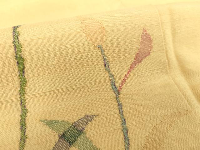 平和屋着物●西陣 宮階織物 宮繍苑 里葉 紬 ワンポイント 草花文 浅黄色 正絹 逸品 DAAS3468ps