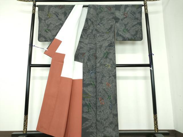 平和屋着物●上質な小紋 紬地 刺繍 手描き 草葉文 正絹 逸品 DAAS3513ps