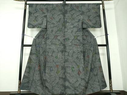 平和屋着物●上質な小紋 紬地 刺繍 手描き 草葉文 正絹 逸品 DAAS3513ps