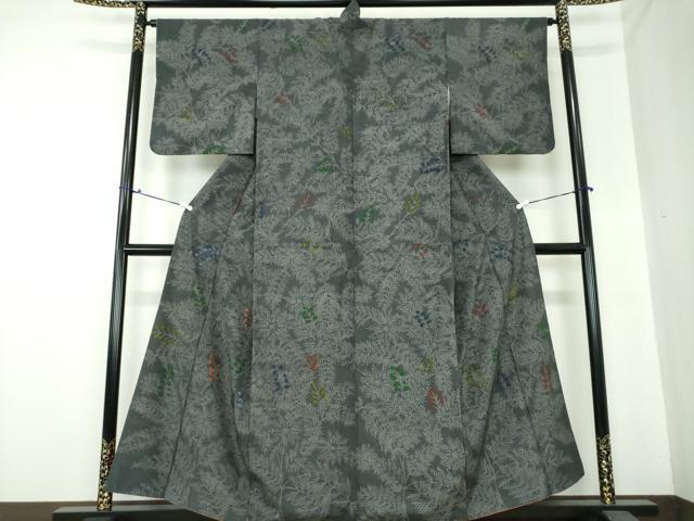平和屋着物●上質な小紋 紬地 刺繍 手描き 草葉文 正絹 逸品 DAAS3513ps