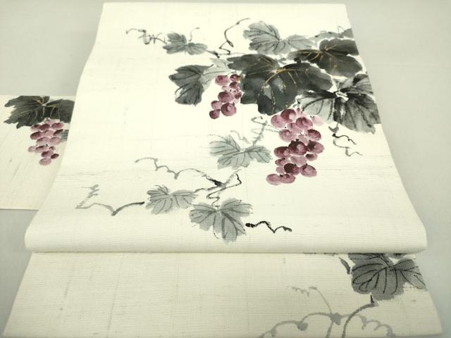 平和屋着物●九寸名古屋帯　紬地　手描き　葡萄蔦の葉文　金彩　正絹　逸品　未使用　DAAS3579ps