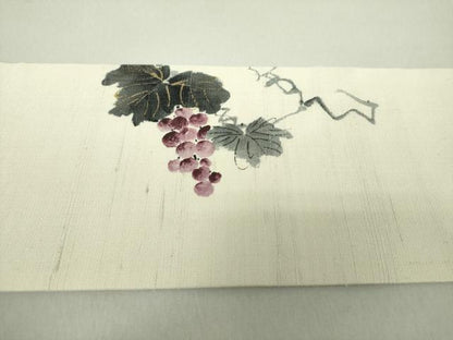平和屋着物●九寸名古屋帯　紬地　手描き　葡萄蔦の葉文　金彩　正絹　逸品　未使用　DAAS3579ps