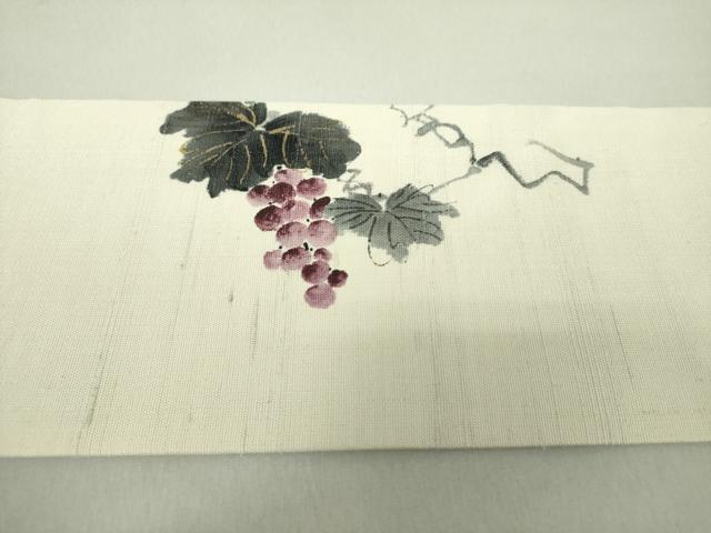 平和屋着物●九寸名古屋帯　紬地　手描き　葡萄蔦の葉文　金彩　正絹　逸品　未使用　DAAS3579ps