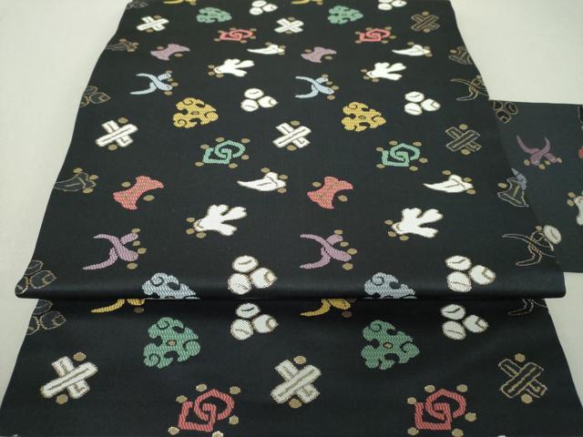 平和屋着物●九寸名古屋帯 宝尽くし 黒地 金糸 正絹 逸品 DAAS3609ps