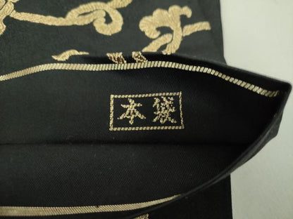 平和屋着物●六通柄　本袋帯　牡丹唐草　黒地　金糸　正絹　逸品　未使用　DAAS3613ps