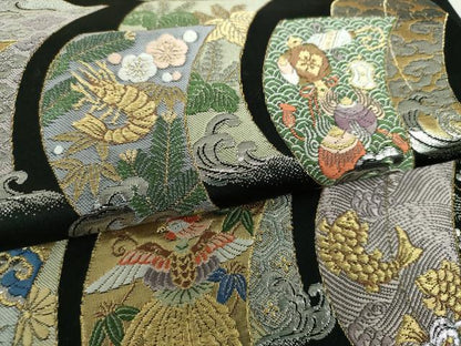 平和屋着物●六通柄袋帯 吉祥細微織 九百織 帆掛け舟 黒地 金銀糸 正絹 逸品 DAAS3623ps