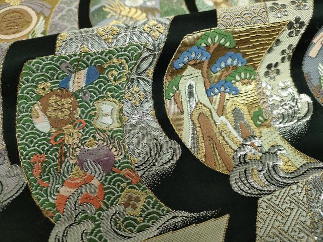平和屋着物●六通柄袋帯 吉祥細微織 九百織 帆掛け舟 黒地 金銀糸 正絹 逸品 DAAS3623ps