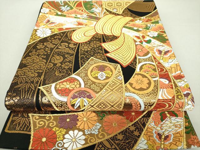 平和屋着物●西陣 河合美術織物謹製 六通柄袋帯 唐織 束ね熨斗舞蝶花鳥文 黒地 金糸 正絹 逸品 DAAS3639ps
