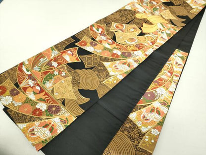 平和屋着物●西陣 河合美術織物謹製 六通柄袋帯 唐織 束ね熨斗舞蝶花鳥文 黒地 金糸 正絹 逸品 DAAS3639ps