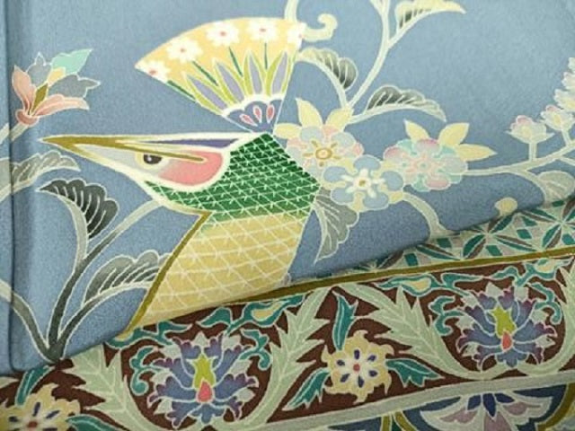 平和屋着物●本加賀友禅作家　奥原一就　色留袖　孔雀更紗花文　証紙付き　ロング丈　正絹　逸品　DAAS3752ps