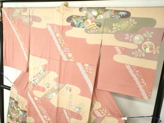 平和屋着物●訪問着 駒刺繍 絞り 霞吉祥花文 金彩 正絹 逸品 DAAS3760ps