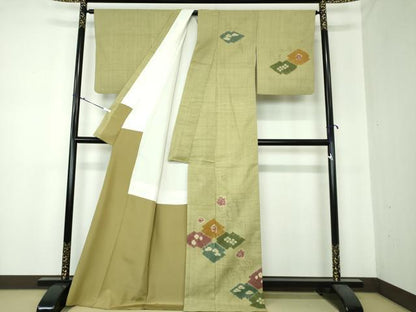 平和屋着物●生紬　訪問着　絞り　手描き　葡萄蔦の葉菱文　正絹　逸品　DAAS3792ps