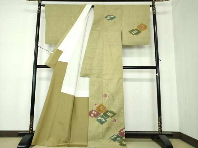 平和屋着物●生紬　訪問着　絞り　手描き　葡萄蔦の葉菱文　正絹　逸品　DAAS3792ps