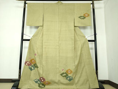 平和屋着物●生紬　訪問着　絞り　手描き　葡萄蔦の葉菱文　正絹　逸品　DAAS3792ps