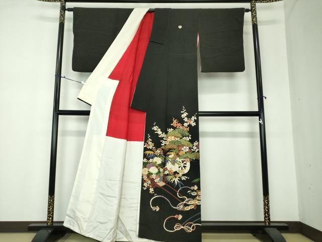 平和屋着物●アンティーク 大正ロマン 黒留袖 駒刺繍 吉祥花車文 金彩 正絹 逸品 DAAS3868ps