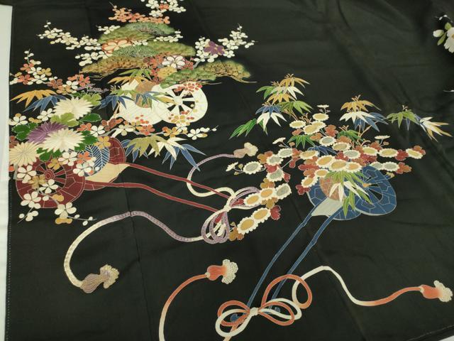 平和屋着物●アンティーク 大正ロマン 黒留袖 駒刺繍 吉祥花車文 金彩 正絹 逸品 DAAS3868ps