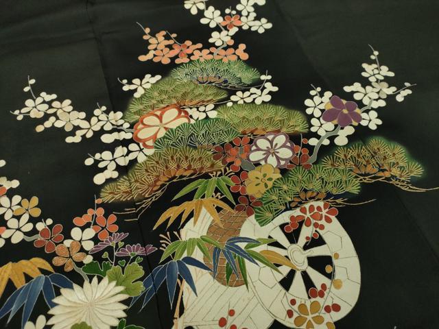 平和屋着物●アンティーク 大正ロマン 黒留袖 駒刺繍 吉祥花車文 金彩 正絹 逸品 DAAS3868ps