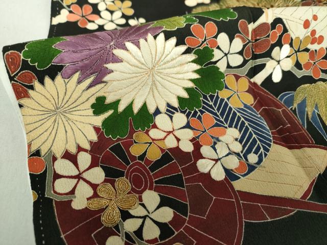 平和屋着物●アンティーク 大正ロマン 黒留袖 駒刺繍 吉祥花車文 金彩 正絹 逸品 DAAS3868ps