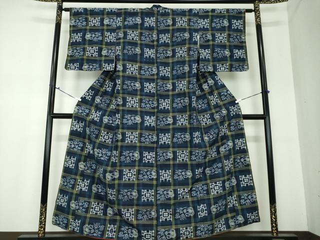 平和屋着物●上質な紬 変わり格子 器物花文 正絹 逸品 DAAS3907ps