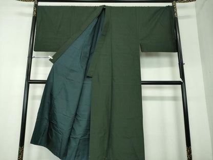 平和屋着物●男性　紬　アンサンブル　キングサイズ　長羽織　色無地　黒緑色　正絹　逸品　DAAS3946ps