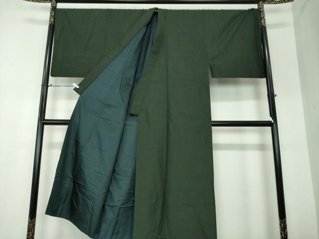 平和屋着物●男性　紬　アンサンブル　キングサイズ　長羽織　色無地　黒緑色　正絹　逸品　DAAS3946ps