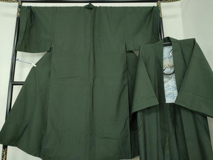 平和屋着物●男性　紬　アンサンブル　キングサイズ　長羽織　色無地　黒緑色　正絹　逸品　DAAS3946ps