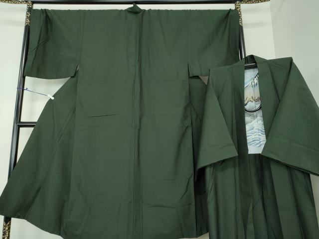 平和屋着物●男性　紬　アンサンブル　キングサイズ　長羽織　色無地　黒緑色　正絹　逸品　DAAS3946ps