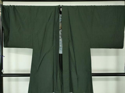 平和屋着物●男性　紬　アンサンブル　キングサイズ　長羽織　色無地　黒緑色　正絹　逸品　DAAS3946ps