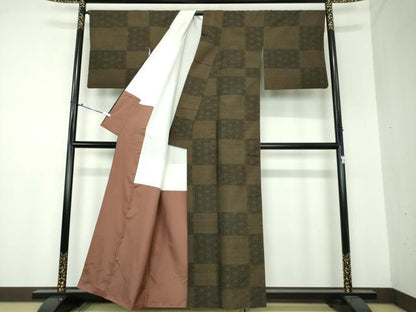 平和屋着物●結城紬 100亀甲 市松麻の葉文様 正絹 逸品 DAAS3990ps