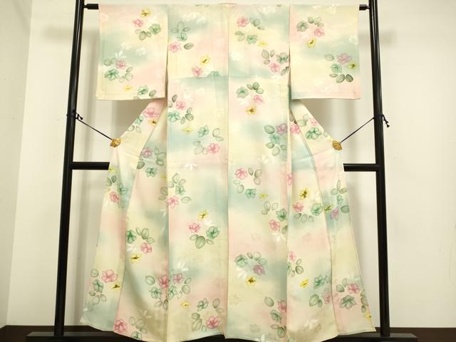 平和屋着物▽上質な小紋 単衣 地紋起こし 手描き 草花文 暈し染め 正絹 逸品 DAAS4015du
