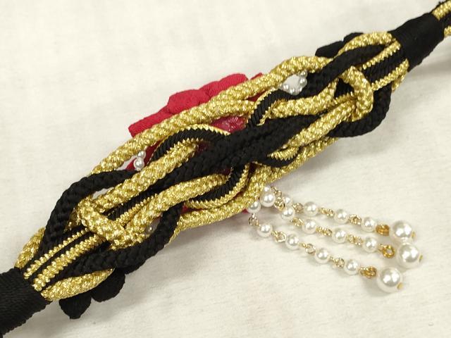 平和屋着物●和装小物　振袖用帯締め　飾り付き　パール　つまみ細工　丸組　金糸　逸品　未使用　DAAS6370zzz