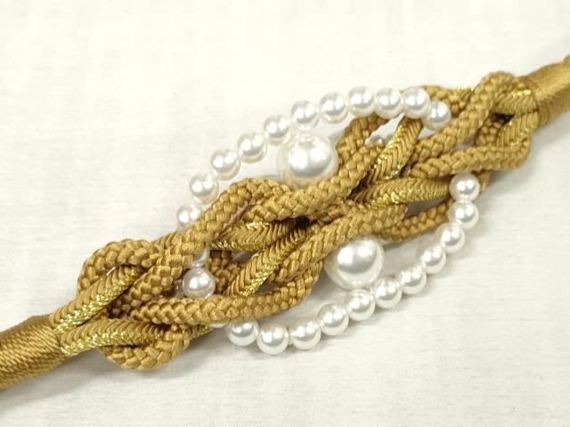 平和屋着物●和装小物　振袖用帯締め　飾り付き　パール　丸組　金糸　逸品　未使用　DAAS6418zzz