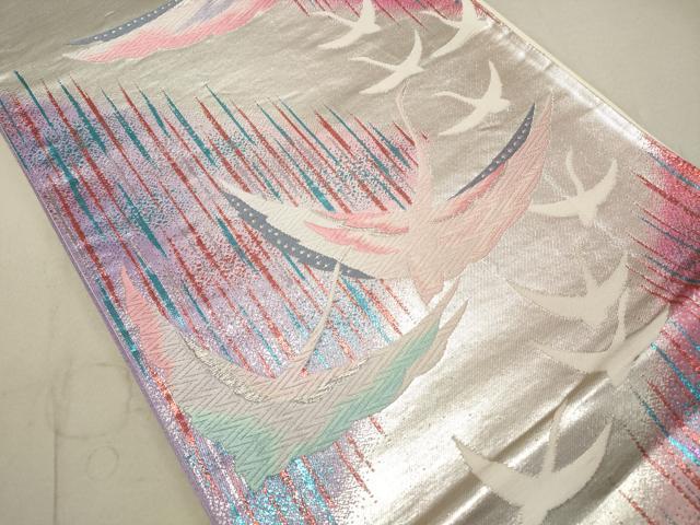 平和屋着物◎西陣 六通柄袋帯 唐織 群れ鶴文 銀糸 正絹 逸品 DAAS7023xg