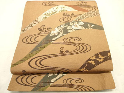 平和屋着物◎六通柄袋帯 流水草花文 宝楽 正絹 逸品 DAAS7024xg