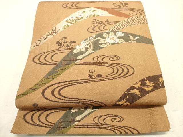 平和屋着物◎六通柄袋帯 流水草花文 宝楽 正絹 逸品 DAAS7024xg