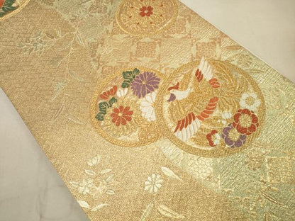 平和屋着物◎六通柄袋帯 花鳥丸文 金糸 正絹 逸品 DAAS7028xg