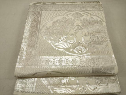 平和屋着物◎六通柄袋帯 更紗孔雀花文 銀糸 正絹 逸品 DAAS7052xg