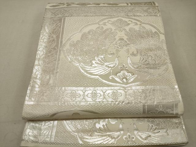 平和屋着物◎六通柄袋帯 更紗孔雀花文 銀糸 正絹 逸品 DAAS7052xg