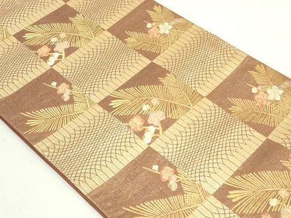 平和屋着物◎六通柄袋帯 市松吉祥花文 金糸 正絹 逸品 DAAS7117xg