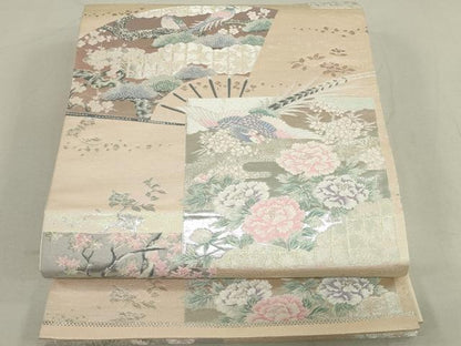 平和屋着物◎六通柄袋帯 唐織 色紙花鳥文 銀糸 正絹 逸品 DAAS7218xg