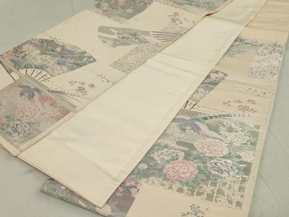 平和屋着物◎六通柄袋帯 唐織 色紙花鳥文 銀糸 正絹 逸品 DAAS7218xg