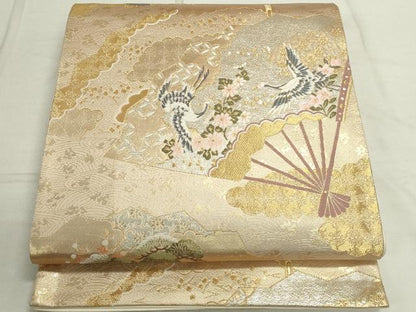 平和屋着物◎六通柄袋帯 扇面飛鶴花文 金銀糸 正絹 逸品 DAAS7235xg